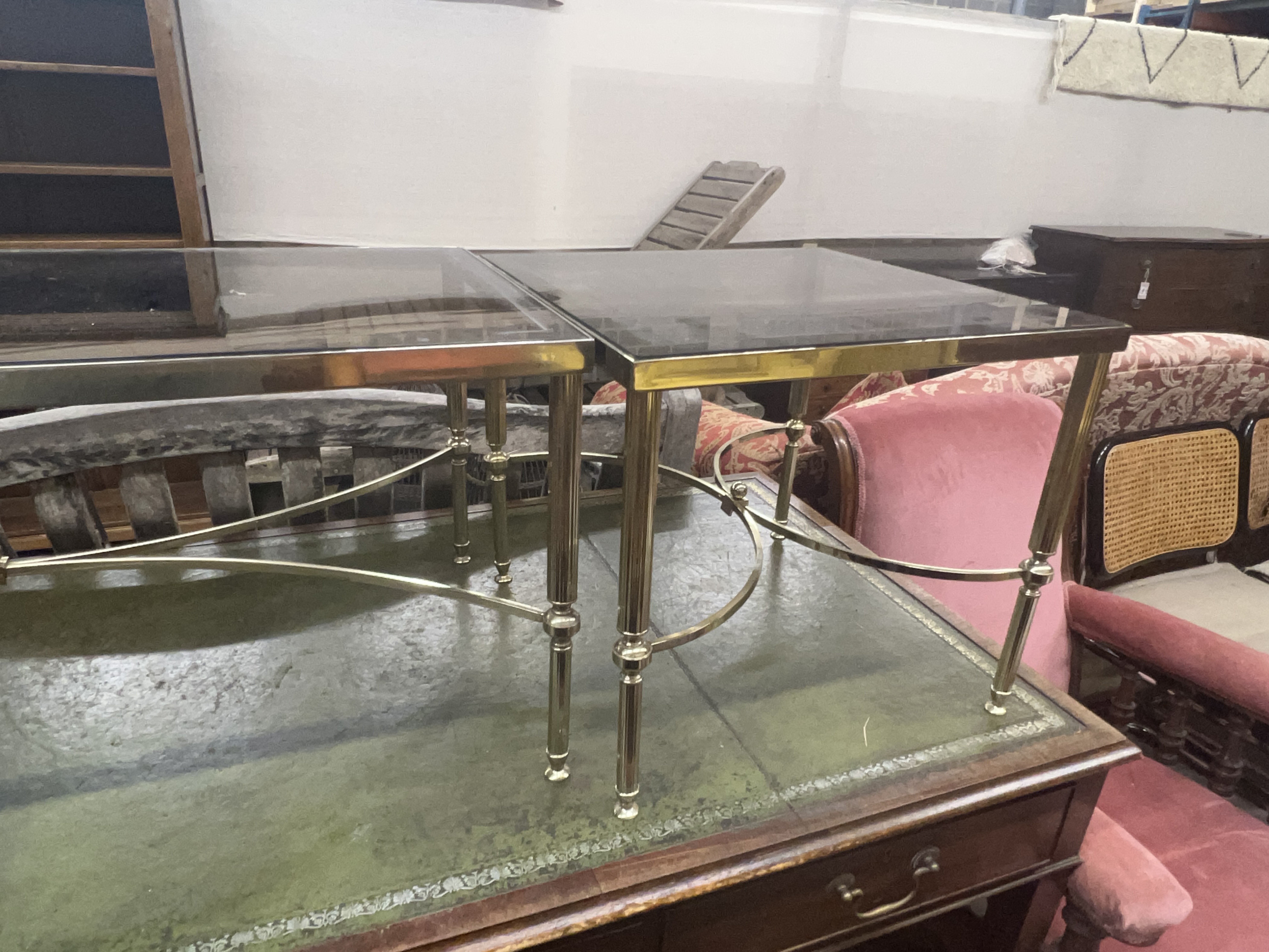 Three gilt metal glass top occasional tables, largest width 90cm, depth 46cm, height 41cm